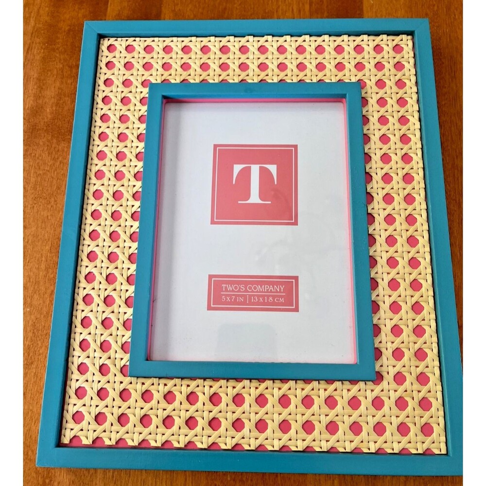 Twos Company Picture Frame Wood Pink Blue Cream 5x7" Rattan Cane Woven NEW